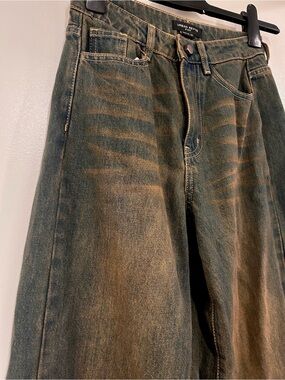 Designer Edition Green-Brown Faded Enzyme Washed Effect Jeans with Metal